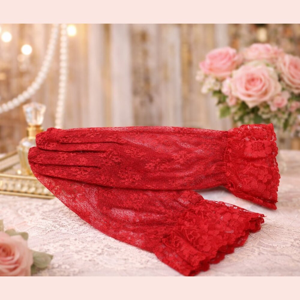 Red Lace Gloves Wrist Length w Ruffle Dressy Weddings Party Bridal Prom - Picture 4 of 4